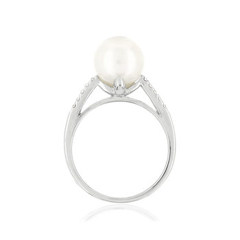 Bague or 375 blanc perle de culture de Chine et diamants