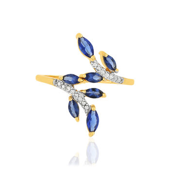 Bague or 375 2 tons feuilles saphirs taille marquise et diamants