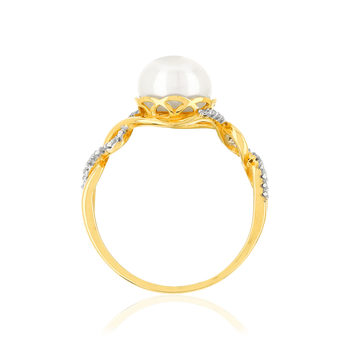 Bague or 375 2 tons torsadée perle de culture de Chine et diamants