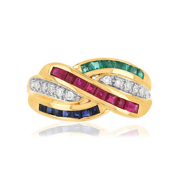 Bague or 750 jaune saphirs rubis émeraudes et diamants