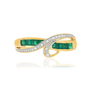 Bague or 750 jaune émeraudes carrées et diamants