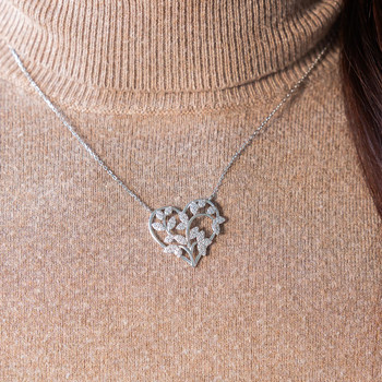 Collier argent 925 coeur feuillage zirconias 45 cm