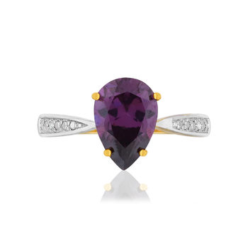 Bague or 375 2 tons améthyste taille poire et diamants