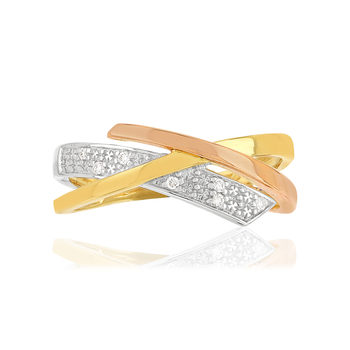 Bague or 375 3 tons croisée diamants
