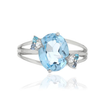 Bague or 375 blanc topazes bleues et blanches
