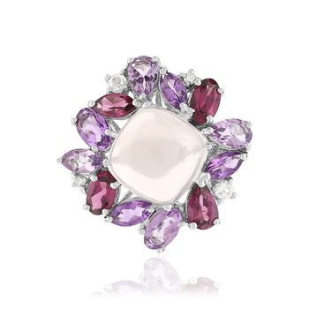 Bague or 750 blanc fleur quartz rose et pierres fines