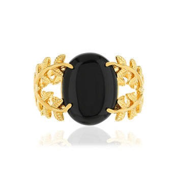 Bague plaqué or feuillage agate noire ovale