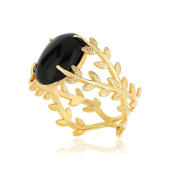 Bague plaqué or feuillage agate noire ovale