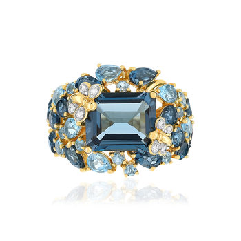 Bague or jaune 750 papillons topazes London Blue et Swiss Blue et diamants