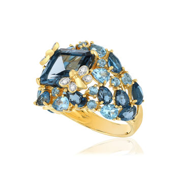 Bague or jaune 750 papillons topazes London Blue et Swiss Blue et diamants