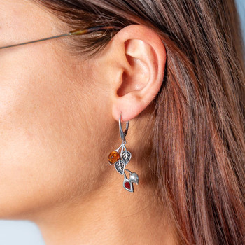 Boucles d'oreilles argent 925 pendants feuilles ambre