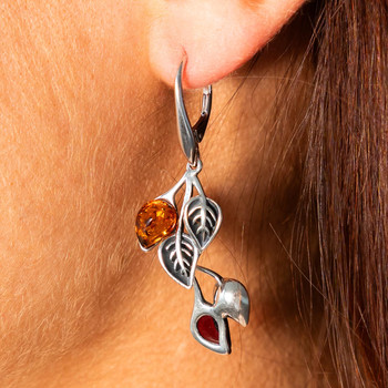 Boucles d'oreilles argent 925 pendants feuilles ambre
