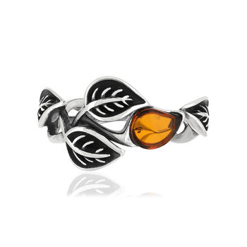 Bague argent 925 vieilli feuilles ambre