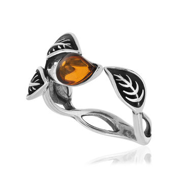Bague argent 925 vieilli feuilles ambre