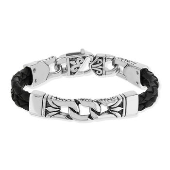 Bracelet acier cuir tressé noir 22 cm