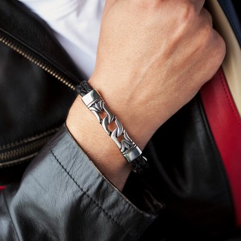 Bracelet acier cuir tressé noir 22 cm