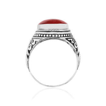 Bague argent 925 vieilli cabochon corail rouge