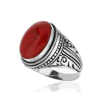 Bague argent 925 vieilli cabochon corail rouge