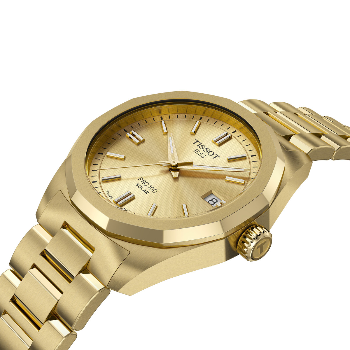 Montre TISSOT PRC 100 SOLAR mixte, mouvement solaire, cadran jaune, bracelet acier inoxydable jaune - vue D1