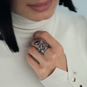 Bague argent 925 serpent pierres imitations et zirconias noirs et blancs
