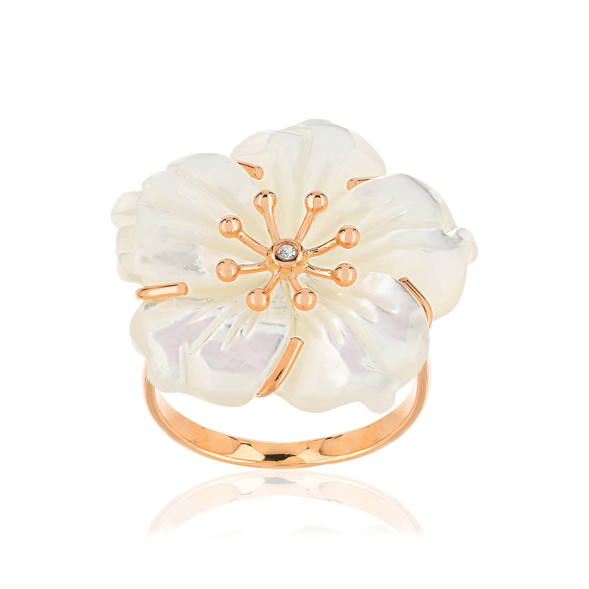Bague or jaune 375 fleur nacre et diamant