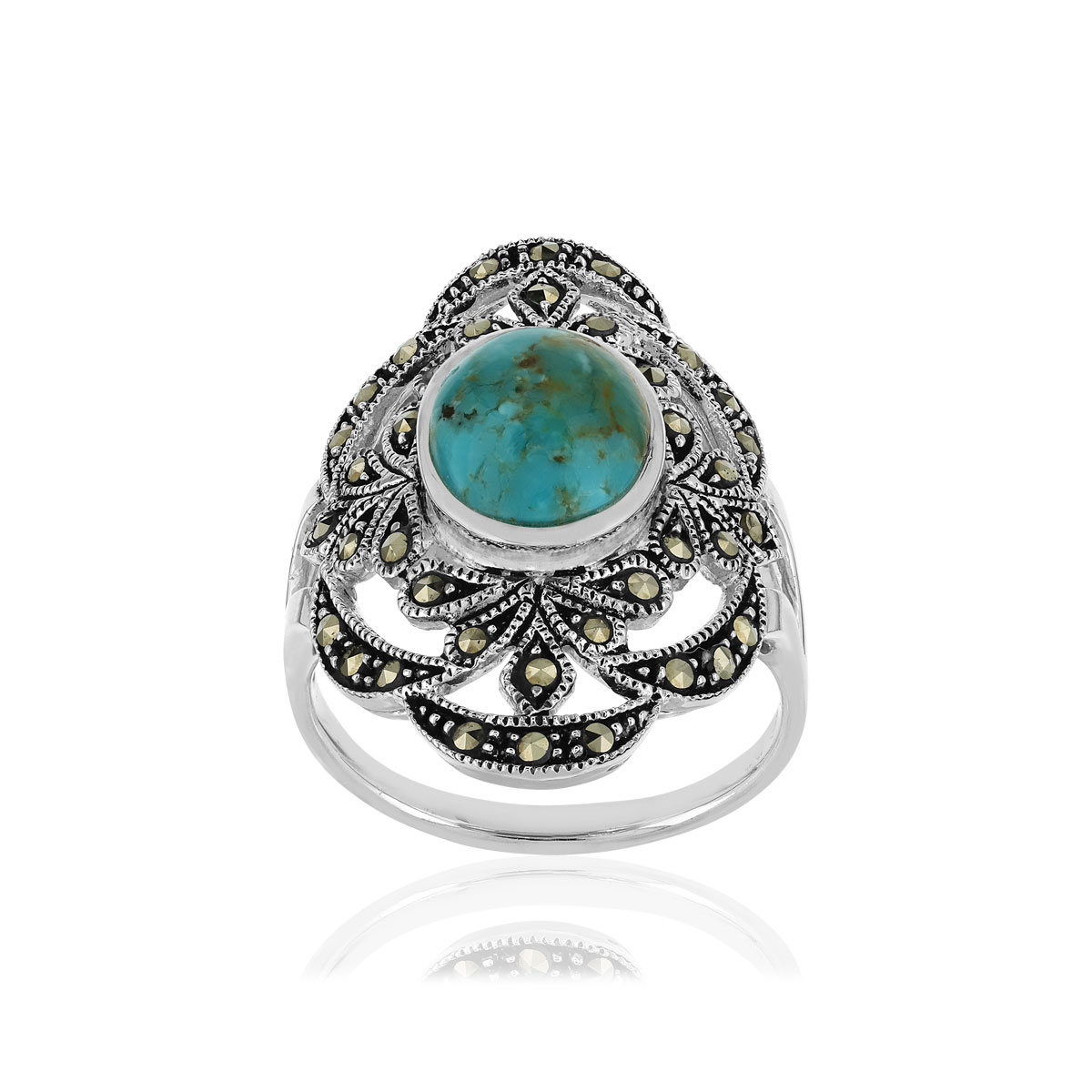 Bague argent 925 turquoise reconstituée marcassite