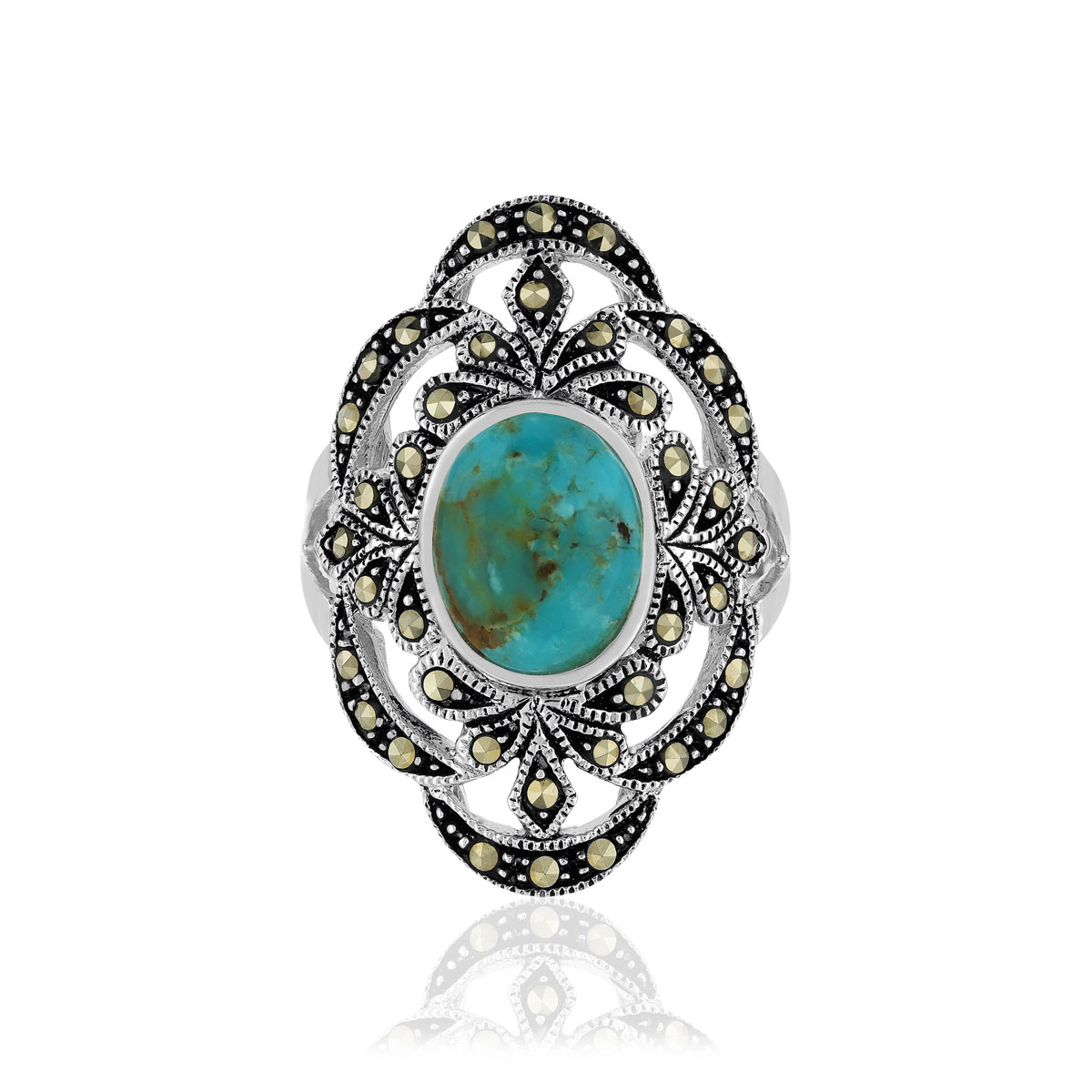 Bague argent 925 turquoise reconstituée marcassite - vue 2