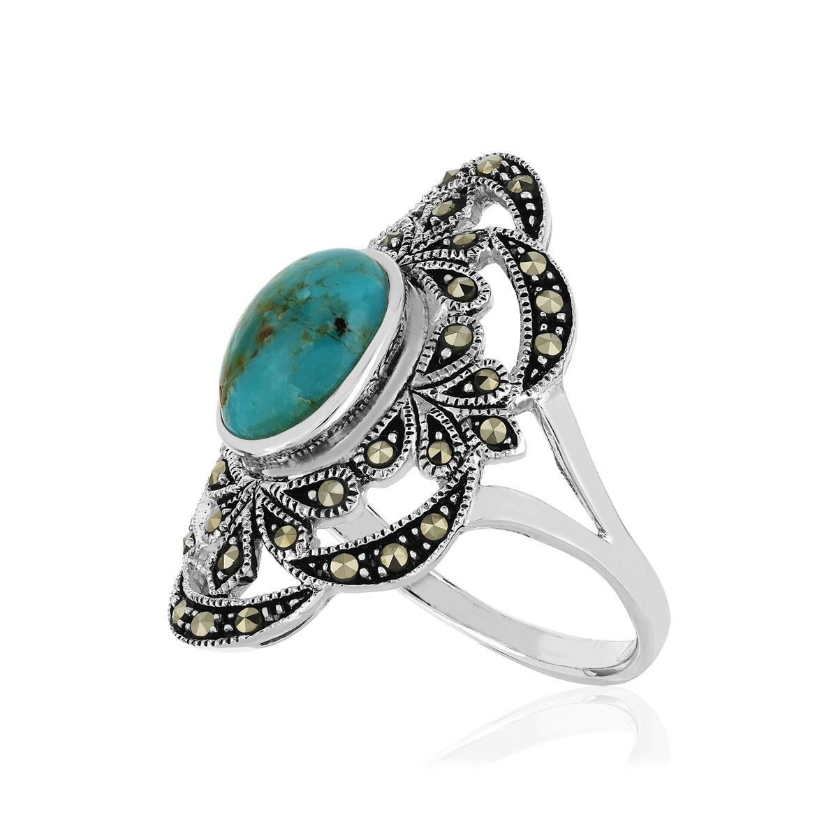 Bague argent 925 turquoise reconstituée marcassite - vue D1