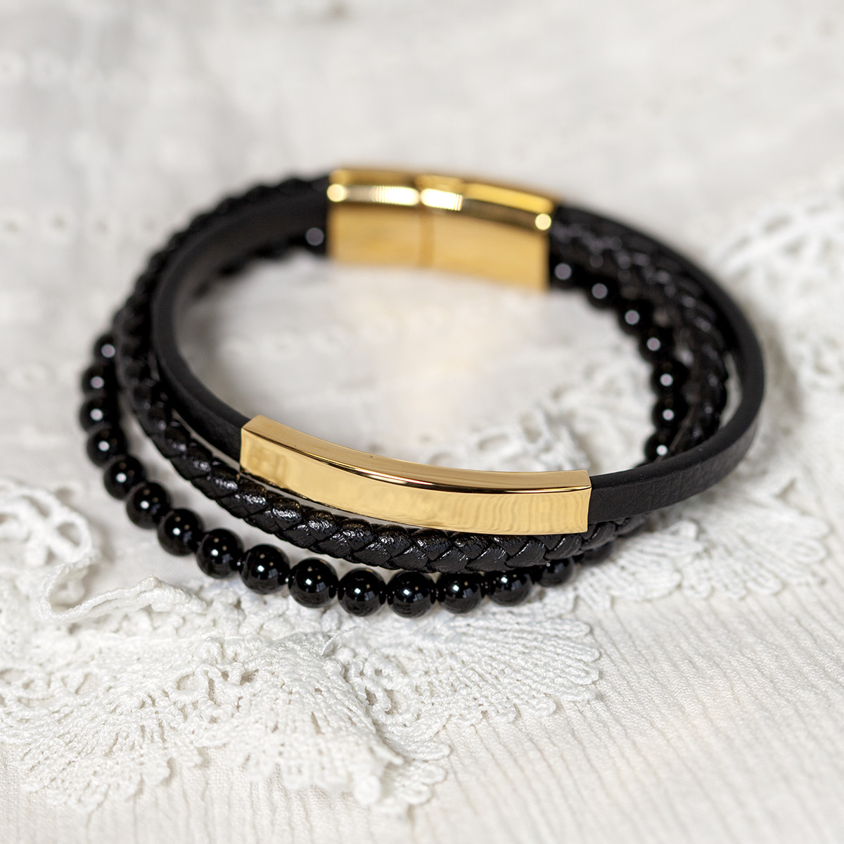 Bracelet multirang cuir noir acier couleur jaune 21 cm - vue D1