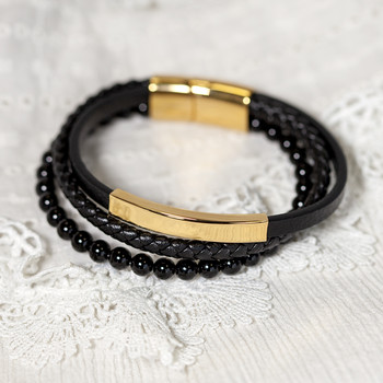 Bracelet multirang cuir noir acier couleur jaune 21 cm