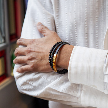 Bracelet multirang cuir noir acier couleur jaune 21 cm