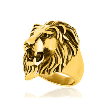 Bague acier jaune tête de lion