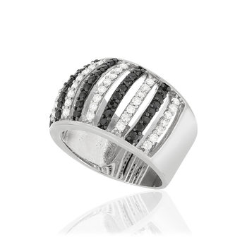 Bague argent 925 et ruthénium noir, spinelles noires et zirconias
