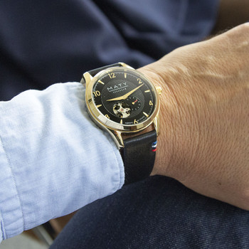 Montre homme coeur ouvert automatique acier doré bracelet cuir noir