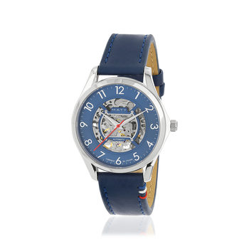 Montre homme squelette automatique acier bracelet cuir bleu