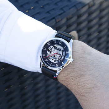 Montre homme squelette automatique acier bracelet cuir noir