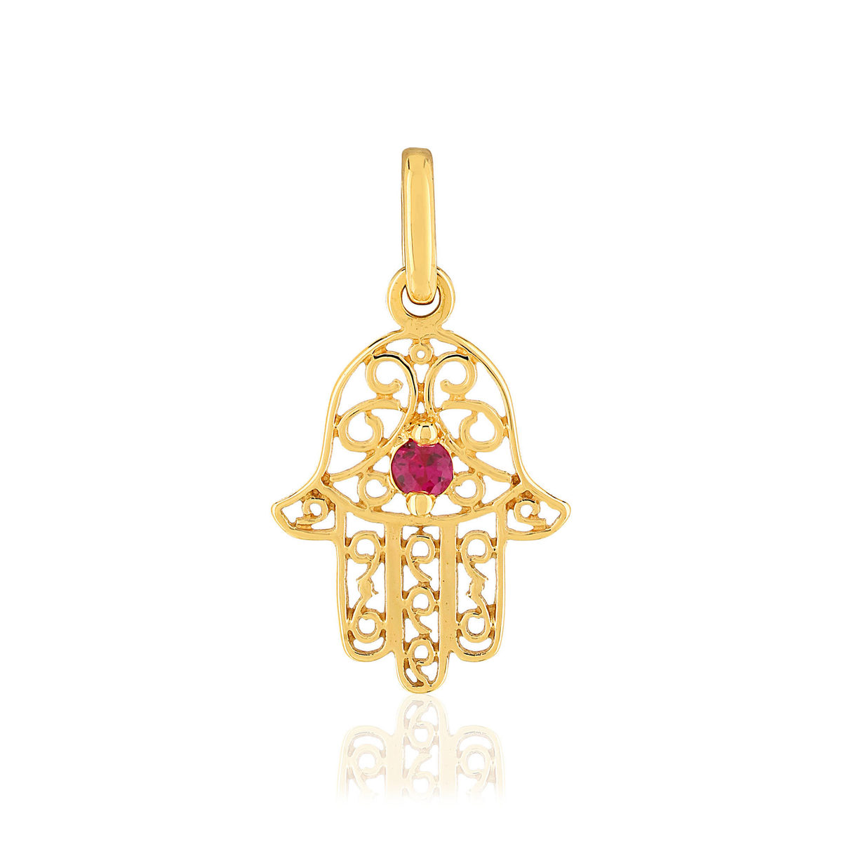 Pendentif main de fatma or jaune 750 rubis