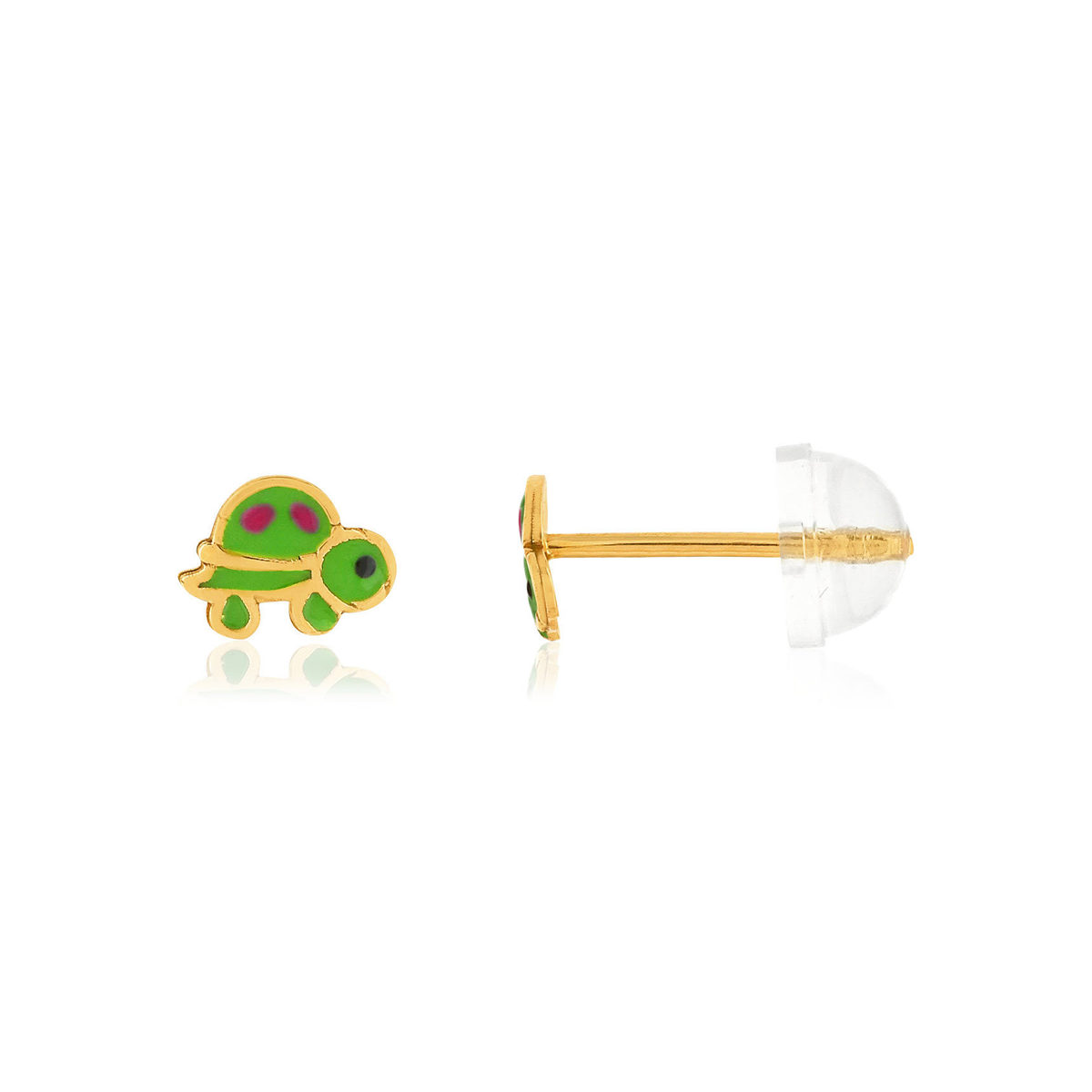 Boucles d'oreilles or jaune 375, laque. Motif tortue.