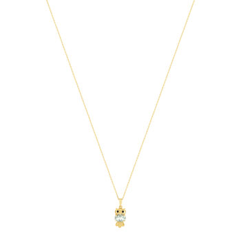 Collier or jaune 375, motif hibou, quartz vert, onyx.