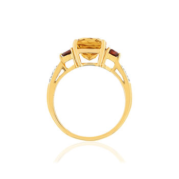 Bague or jaune 375, citrine, grenats, diamants.