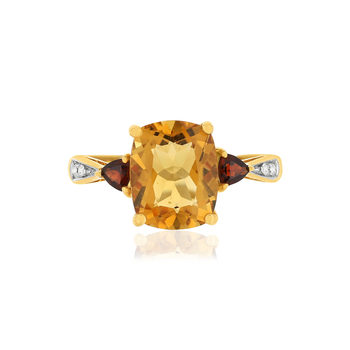 Bague or jaune 375, citrine, grenats, diamants.