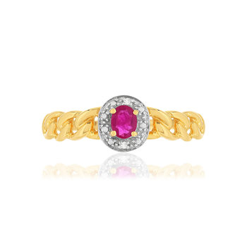 Bague or 375 2 tons, rubis et diamants, motif maille gourmette