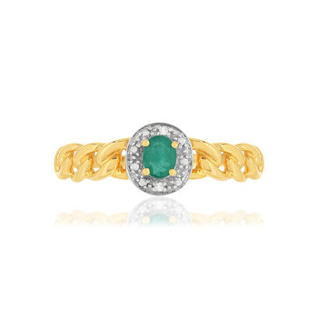 Bague or 375 2 tons, émeraude, diamants, motif maille gourmette