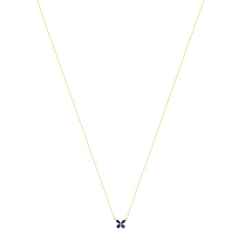 Collier or jaune 375, saphirs, motif papillon. Longueur 42 cm.