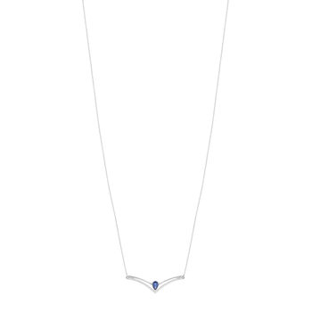 Collier or blanc 750, saphir, diamants. Longueur 45 cm.