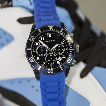 Blauw kunststof herenhorloge met blauwe siliconen horlogeband