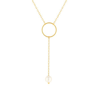 Collier or jaune 375, motif anneau, perle de culture de Chine. Longueur 40 cm.