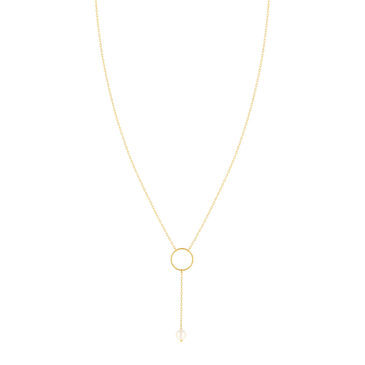 Collier or jaune 375, motif anneau, perle de culture de Chine. Longueur 40 cm. - vue 2