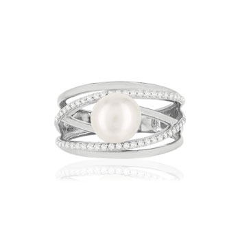 Bague argent 925, perle de culture de Chine, zirconias.