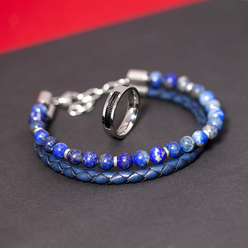 Bracelet lapis lazuli cuir bleu acier